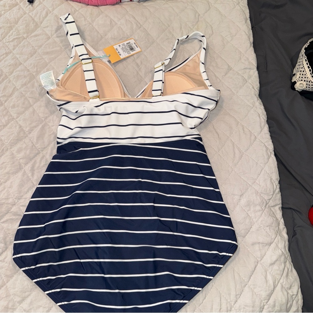 Kona Sol Nautical White and Navy Striped One-Piece Swimsuit - Picture 6 of 8